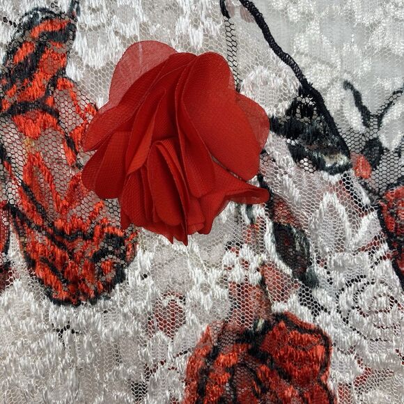 Floral Lace Wrap Blouse Sheer Stretch Side Tie V-Neck Womens S Off White Red - Picture 3 of 8